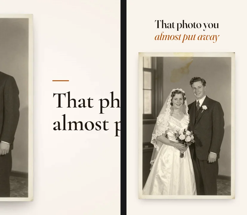 Left: the 16:9 FixFade ad cropped to 9:16 shows the groom's arm, no faces, and the headline cut to That ph and almost p. Right: the 9:16 version shows That photo you almost put away above the whole photo.